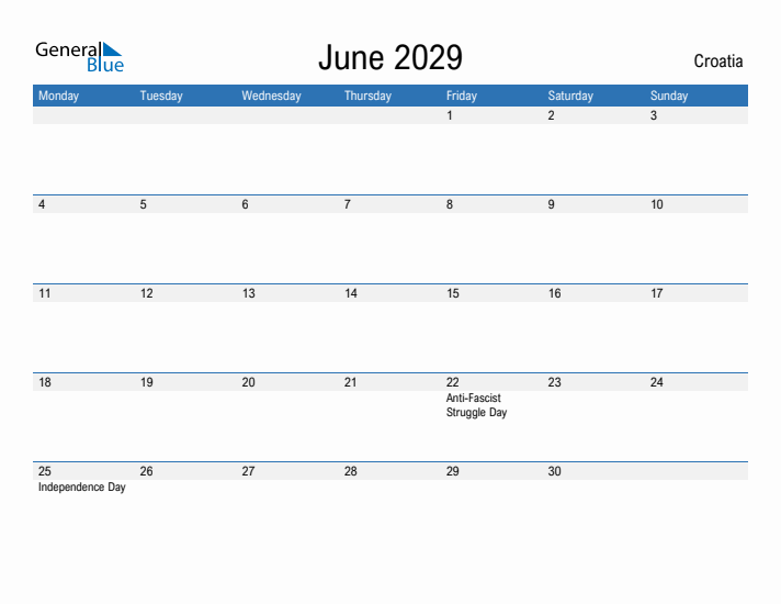 Fillable June 2029 Calendar