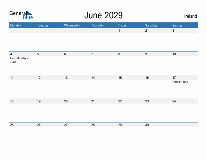 Fillable June 2029 Calendar