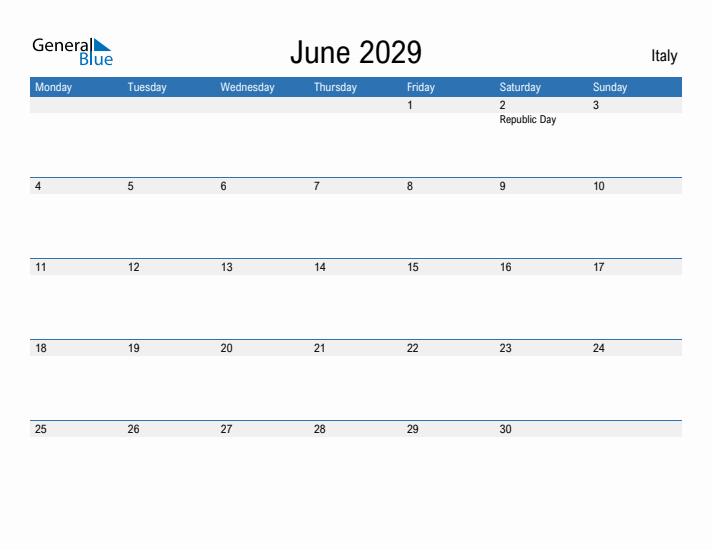 Fillable June 2029 Calendar