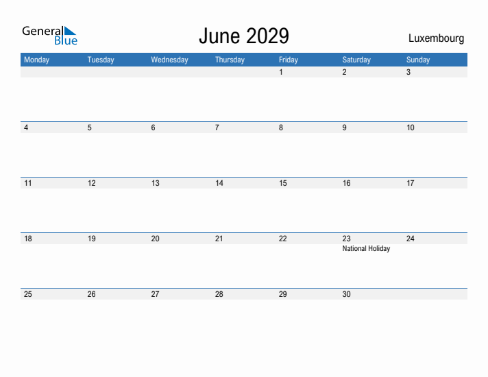 Fillable June 2029 Calendar