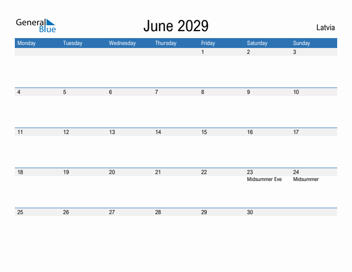 Fillable June 2029 Calendar