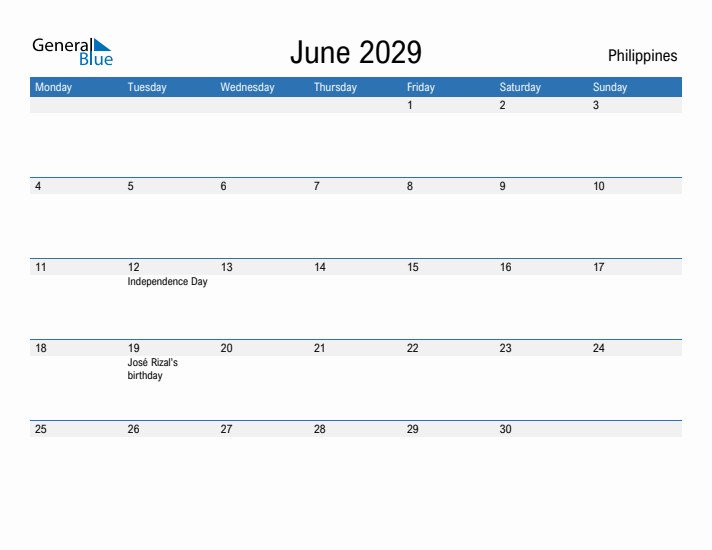 Fillable June 2029 Calendar