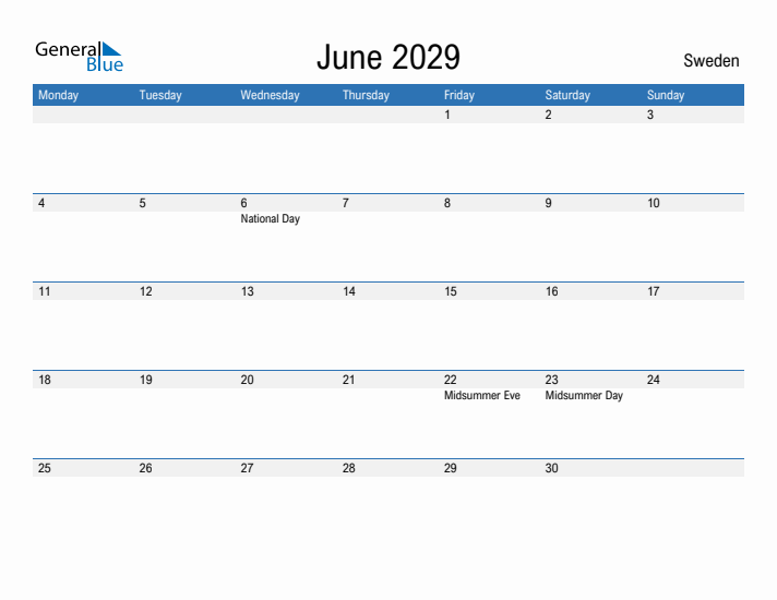 Fillable June 2029 Calendar