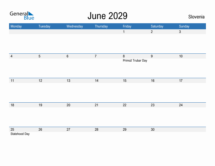 Fillable June 2029 Calendar