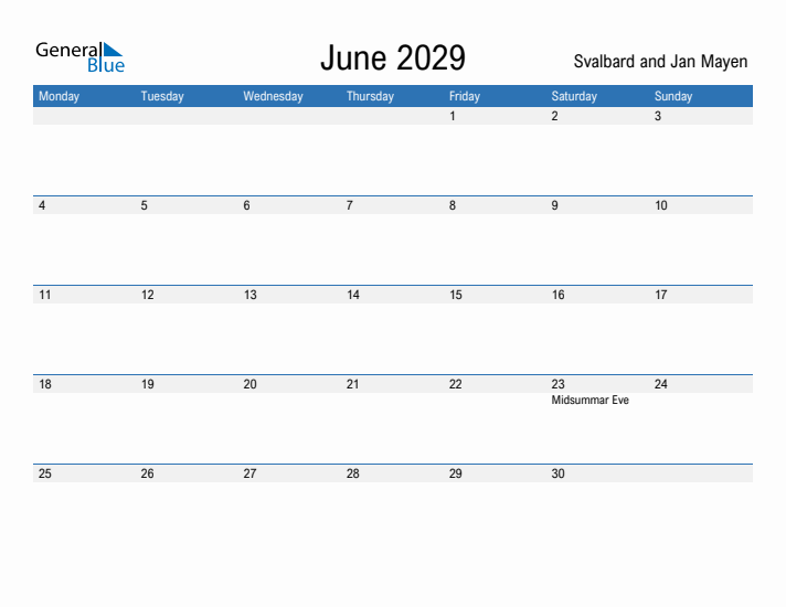 Fillable June 2029 Calendar