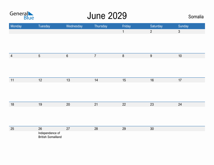 Fillable June 2029 Calendar