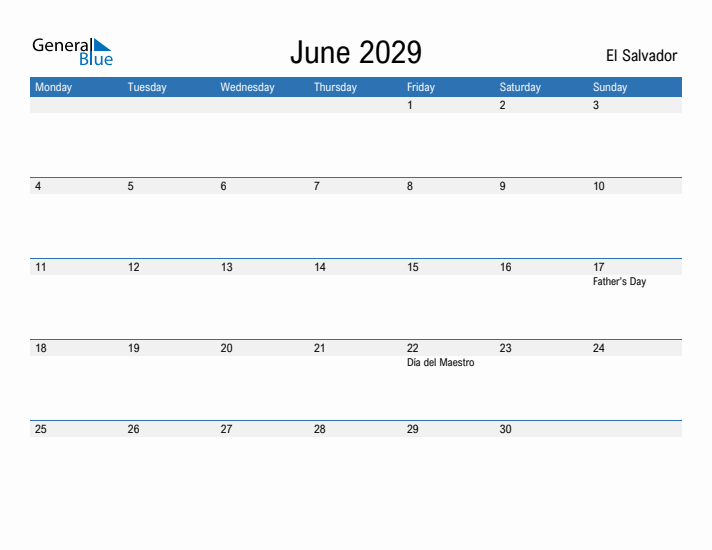 Fillable June 2029 Calendar