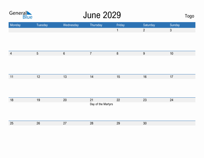 Fillable June 2029 Calendar