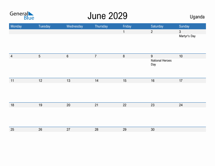 Fillable June 2029 Calendar