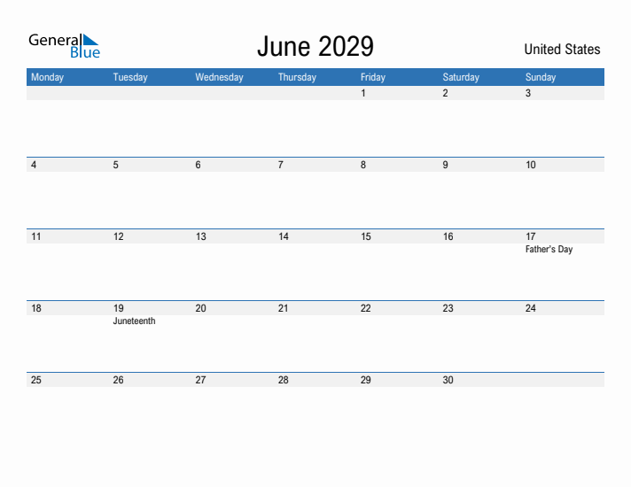 Fillable June 2029 Calendar