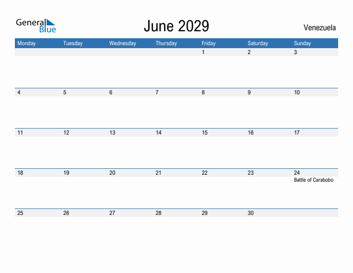 Fillable June 2029 Calendar