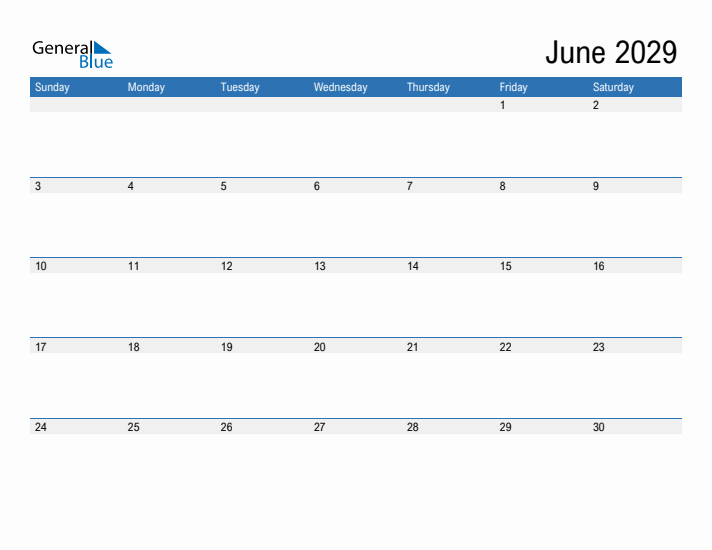 Fillable Calendar for June 2029