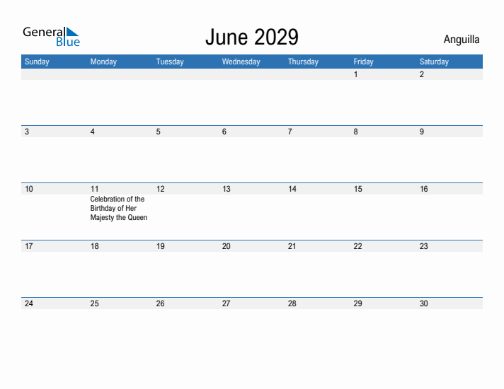 Fillable June 2029 Calendar