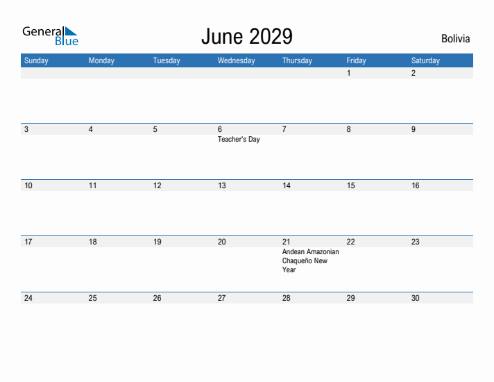 Fillable June 2029 Calendar