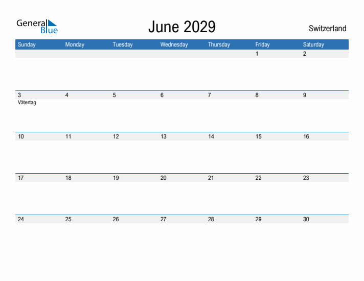 Fillable June 2029 Calendar