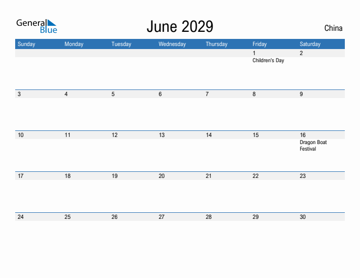 Fillable June 2029 Calendar