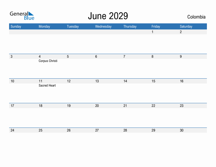 Fillable June 2029 Calendar