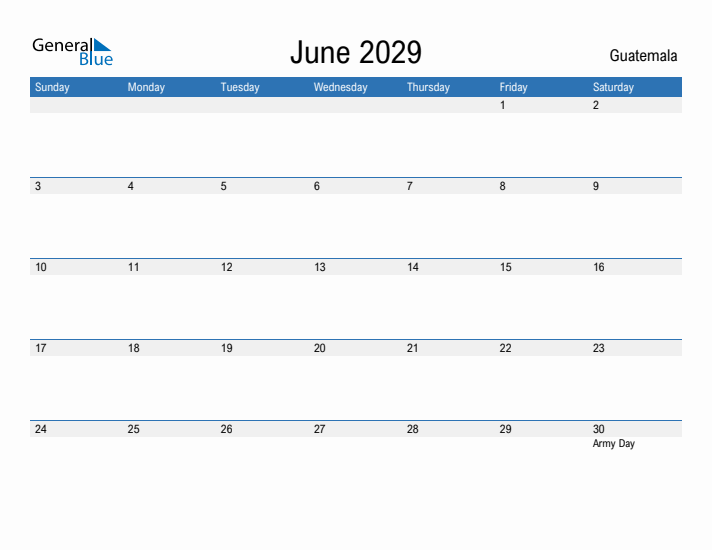 Fillable June 2029 Calendar