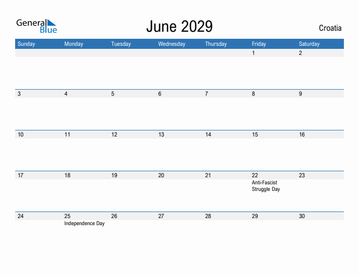 Fillable June 2029 Calendar