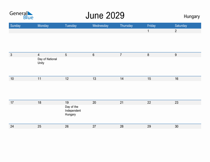 Fillable June 2029 Calendar