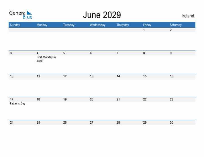 Fillable June 2029 Calendar