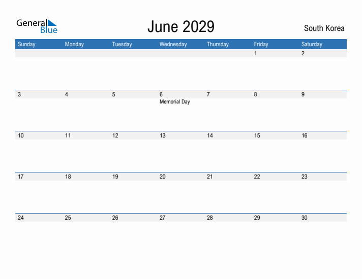 Fillable June 2029 Calendar