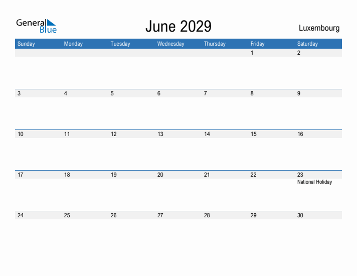 Fillable June 2029 Calendar