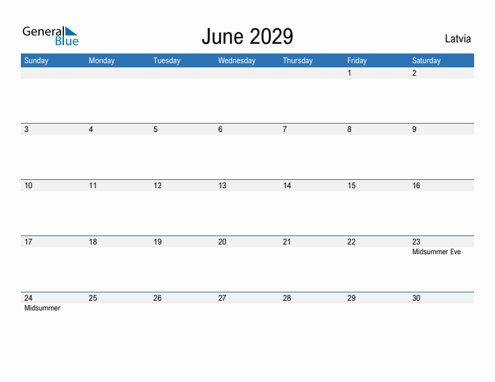 Fillable June 2029 Calendar