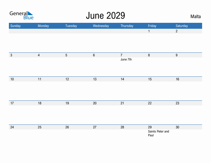 Fillable June 2029 Calendar