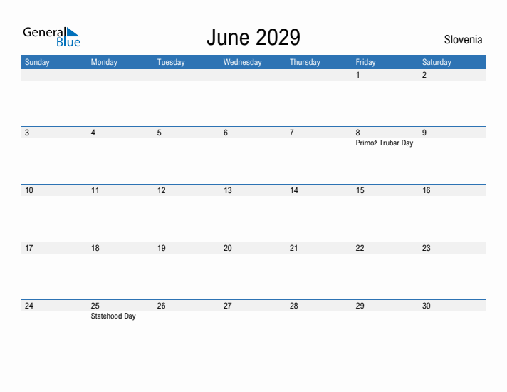 Fillable June 2029 Calendar