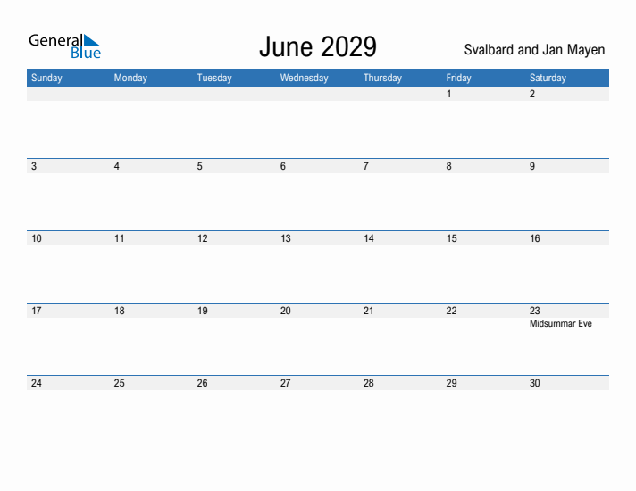 Fillable June 2029 Calendar