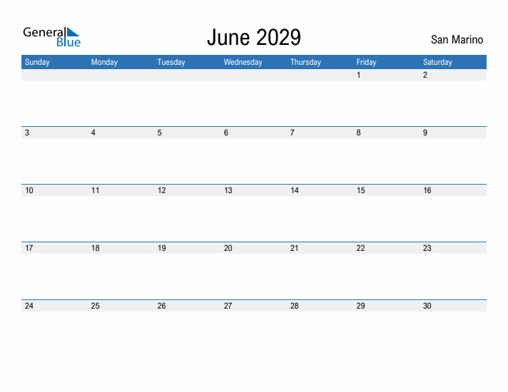 Fillable June 2029 Calendar