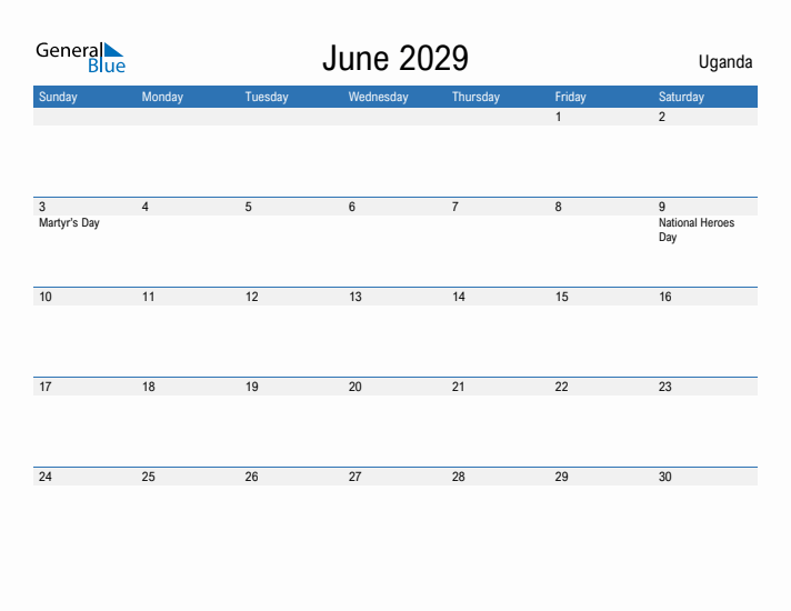 Fillable June 2029 Calendar