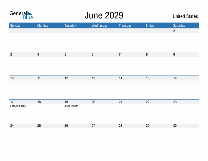 Fillable June 2029 Calendar