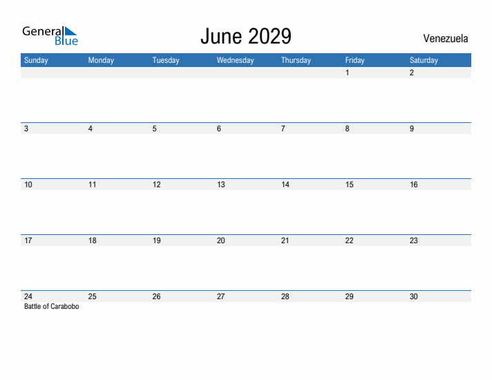 Fillable June 2029 Calendar