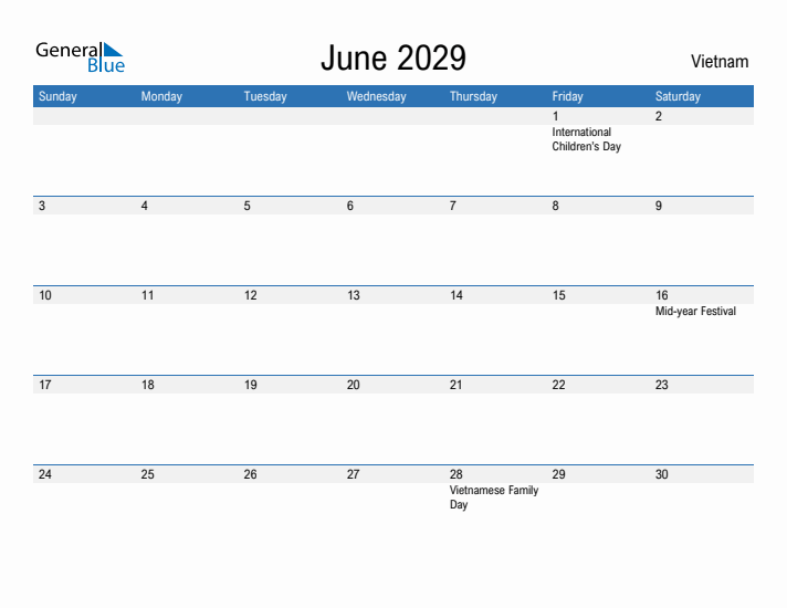 Fillable June 2029 Calendar