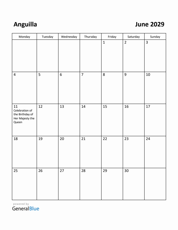 June 2029 Calendar with Anguilla Holidays