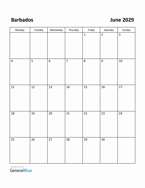 June 2029 Calendar with Barbados Holidays