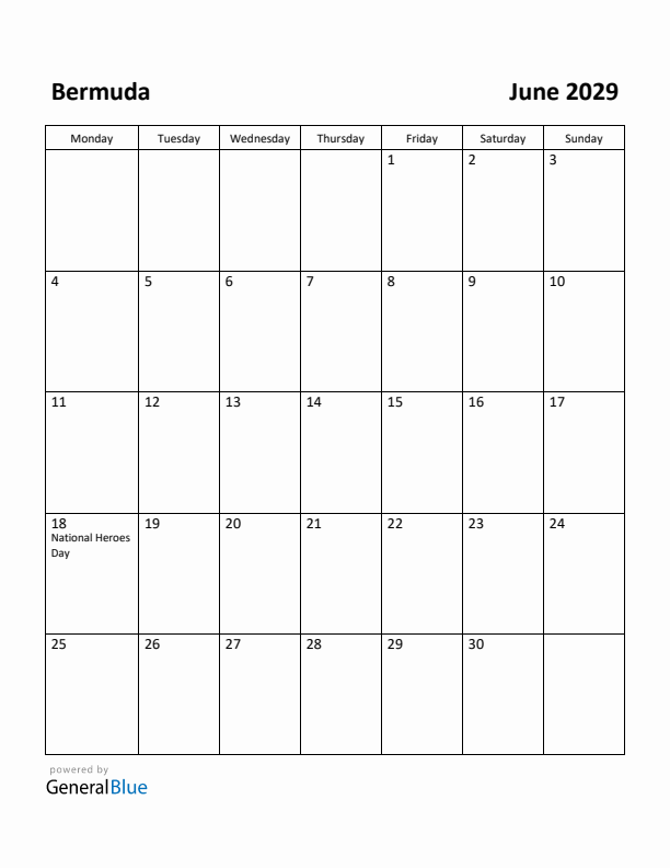 June 2029 Calendar with Bermuda Holidays