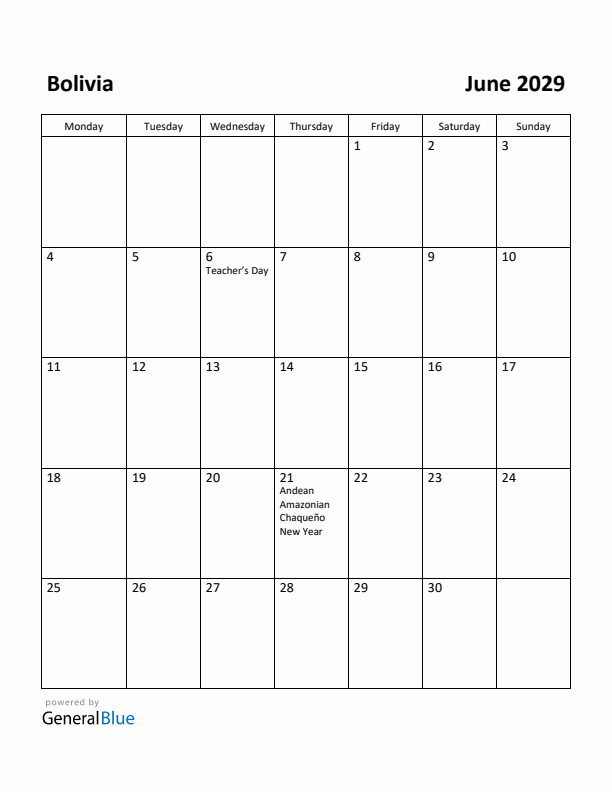 June 2029 Calendar with Bolivia Holidays