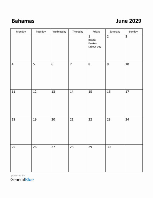 June 2029 Calendar with Bahamas Holidays