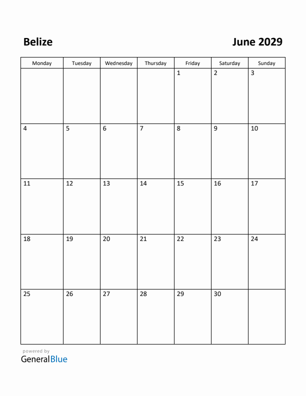 June 2029 Calendar with Belize Holidays