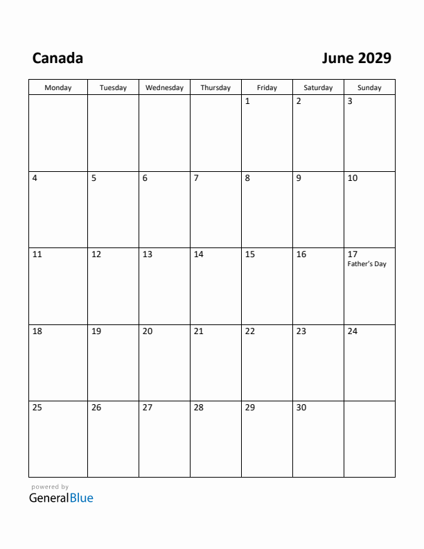 June 2029 Calendar with Canada Holidays