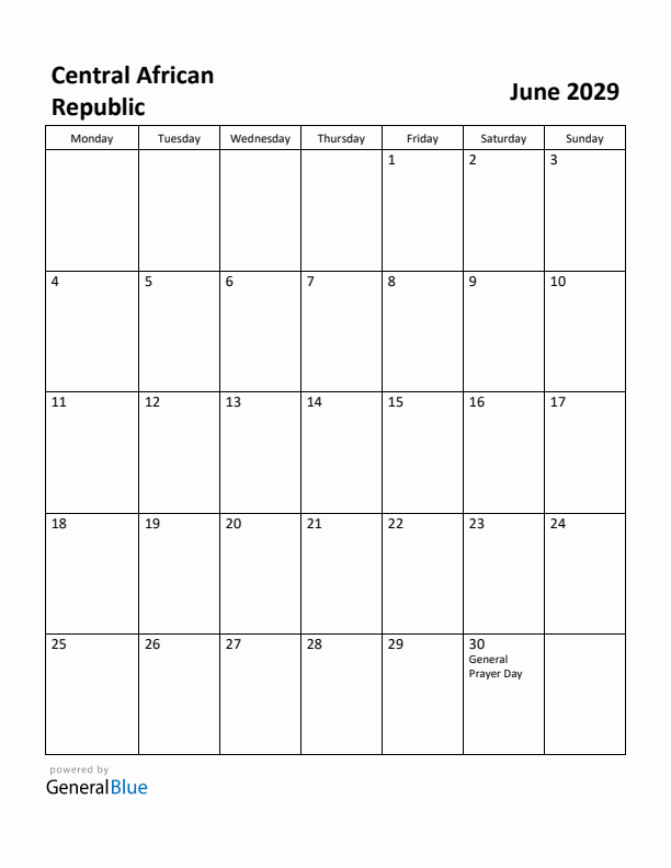 June 2029 Calendar with Central African Republic Holidays