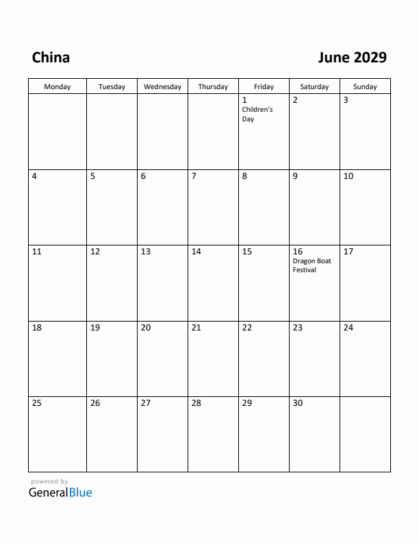 June 2029 Calendar with China Holidays