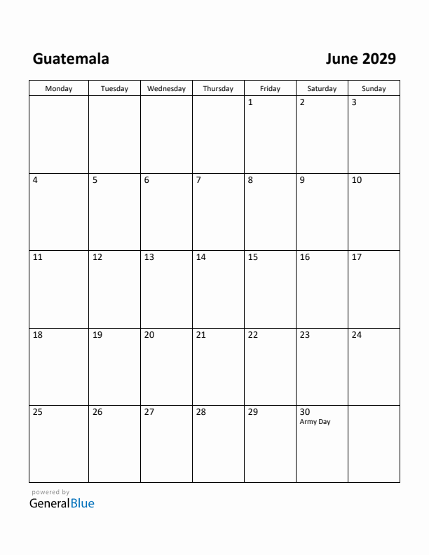 June 2029 Calendar with Guatemala Holidays