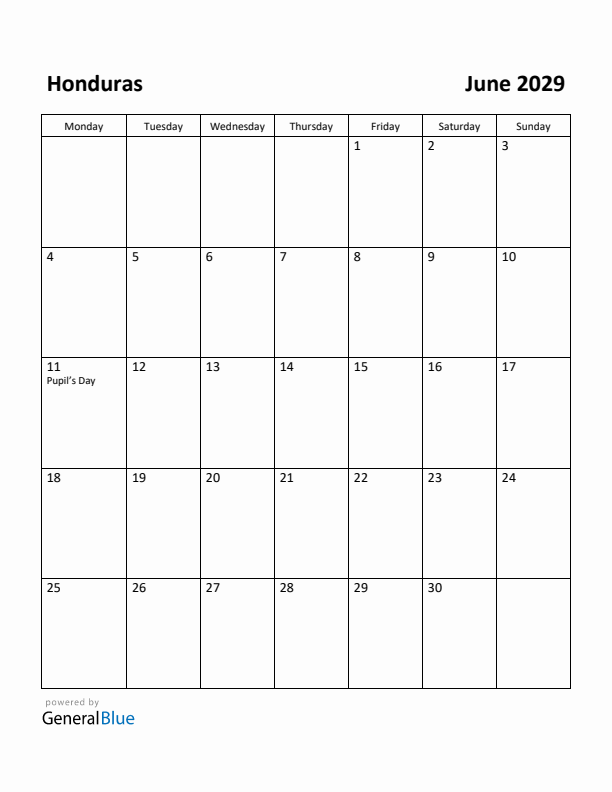 June 2029 Calendar with Honduras Holidays