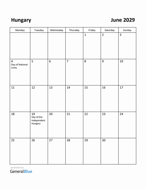 June 2029 Calendar with Hungary Holidays