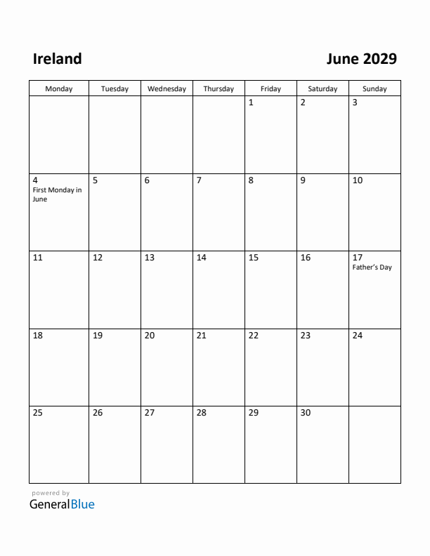 June 2029 Calendar with Ireland Holidays