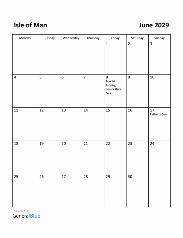 June 2029 Calendar with Isle of Man Holidays